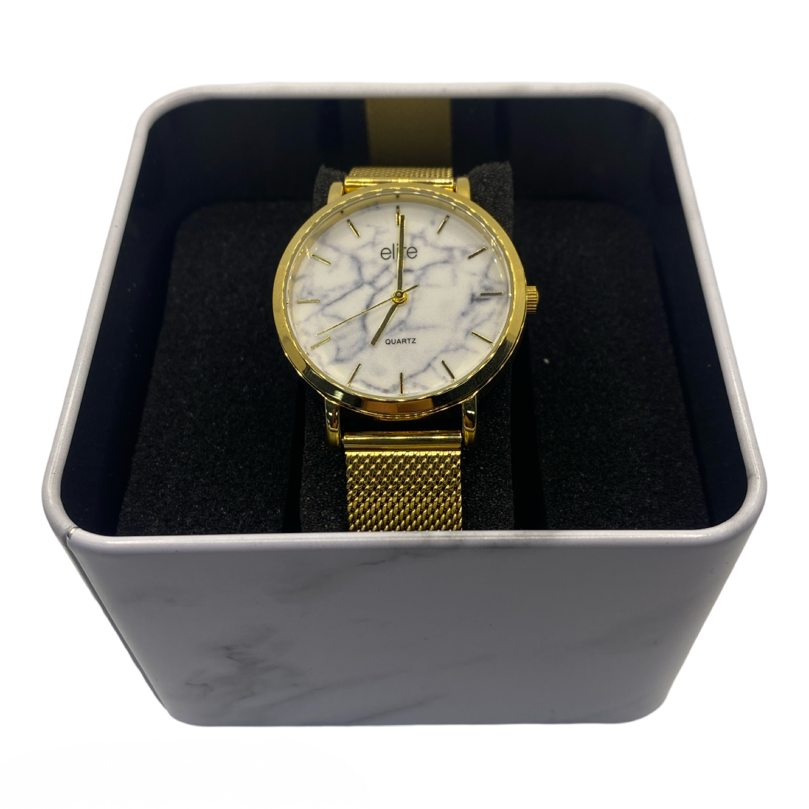 Elite Ladies Gold Tone Marble Dial Mesh Watch
